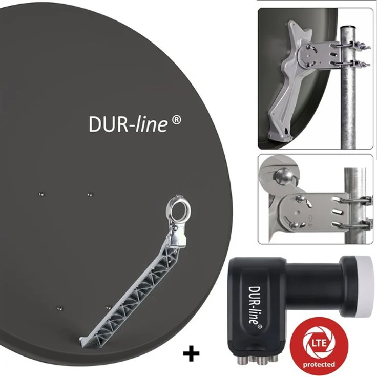 DUR-line 4 Teilnehmer Set - Qualitäts-Alu-Satelliten-Komplettanlage - Select 85/90cm Spiegel/Schüssel Anthrazit + Quad LNB - für 4 Receiver/TV [Neuste Technik, DVB-S2, 4K, 3D] – Bild 1