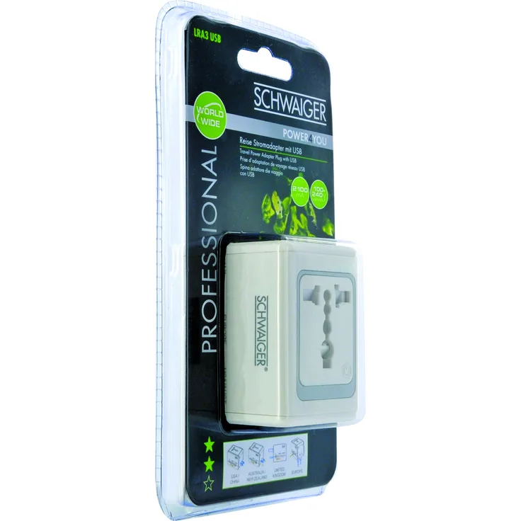 Schwaiger LRA3USB 512 Würfelbauform Reiseadapter mit wichtigsten länderspezifischen Steckerarten weiß