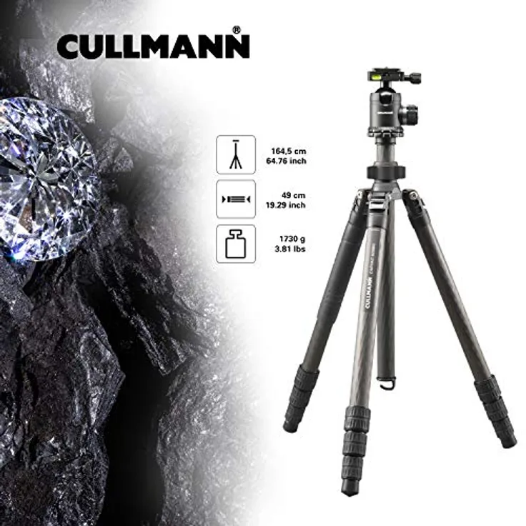 Cullmann CARVAO 828MC Dreibeinstativ aus Carbon (max. 164, 5cm Auszugshöhe, Packmaß 49cm, Tragfähigkeit 15kg, Gewicht 1730g)