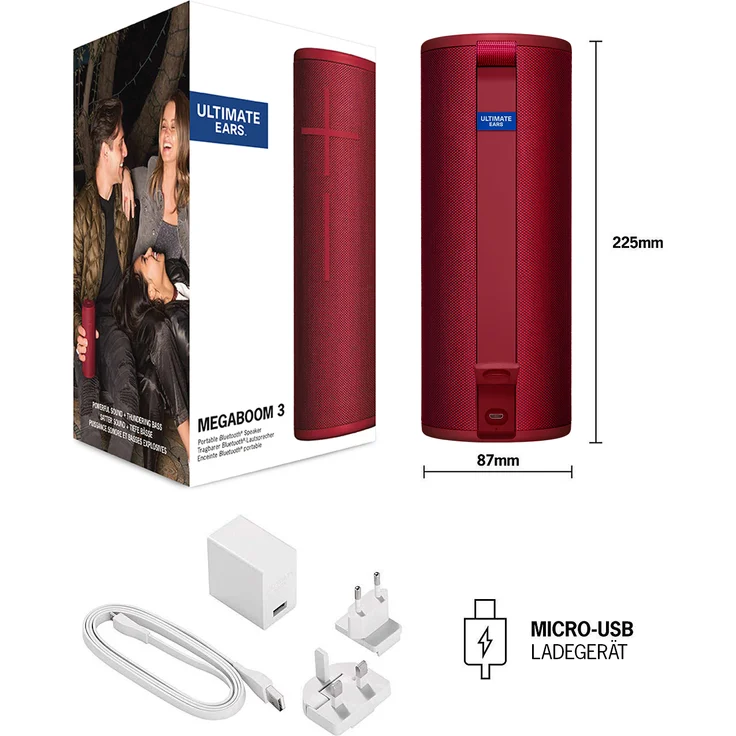 Ultimate Ears Megaboom 3 Tragbarer Bluetooth-Lautsprecher, 360° Sound, Satter Bass, Wasserdicht, Staubresistent & Sturzfest, One-Touch-Musiksteuerung, 20-Stunden Akkulaufzeit - Sunset Red-rot – Bild 12