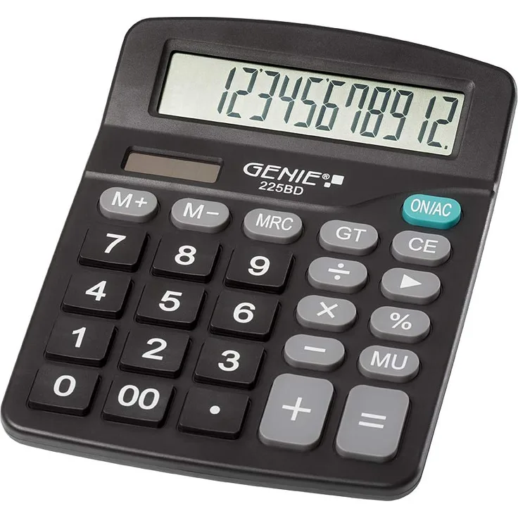 Genie 225 BD 12-stelliger Tischrechner, Dual-Power (Solar und Batterie), kompaktes Design, schwarz