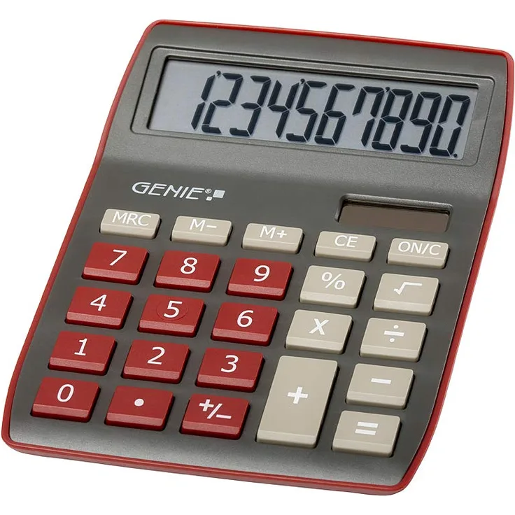Genie 840 DR 10-stelliger Tischrechner, Dual-Power (Solar und Batterie), kompaktes Design, dunkelrot