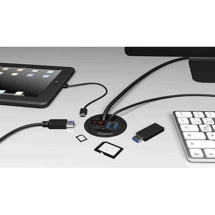 ICY BOX USB Tisch Hub zum Einbau, 60 mm, USB 3.0 Hub, USB-C, Ladefunktion, Kartenleser, Display mit Netzteil – Bild 3