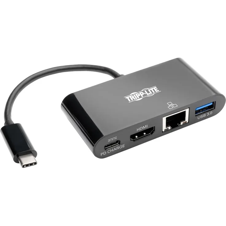 Tripp Lite U444-06N-H4GUBC Adapter für USB-C zu HDMI mit USB-A Hub, USB-C PD-Aufladung und Gigabit Ethernet. Thunderbolt 3 kompatibel und Video Übertragung 4K bei 30 Hz, schwarz.