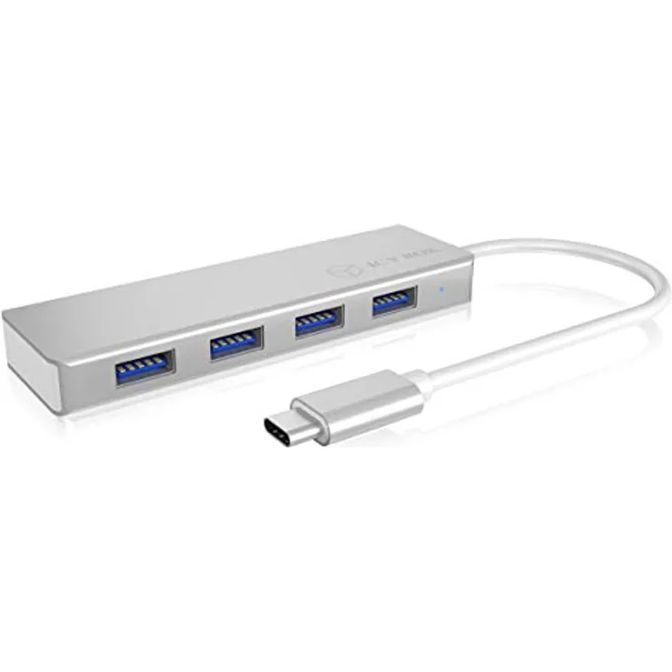 ICY BOX 4-fach USB-C Hub mit 4x USB 3.0, USB 3.0 Anschluss, Aluminium, integriertes Kabel, silber-weiß