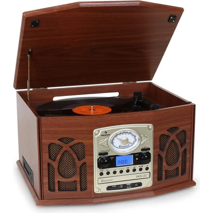 NR-620 Stereoanlage Plattenspieler MP3-Aufnahme Holzgehäuse creme Mahagoni, braun
