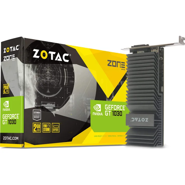 Zotac GeForce GT 1030 Zone Grafikkarte (NVIDIA GT 1030, 2GB GDDR5, 64bit, Base-Takt 1227 MHz - Boost-Takt 1468 MHz, 6 GHz, passiv gekühlt)