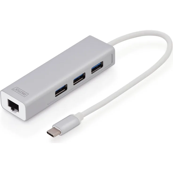 DIGITUS USB 3.0 Typ C 3-Port Hub mit Gigabit Ethernet Adapter, 3x USB A, 1x RJ45 LAN, Silber