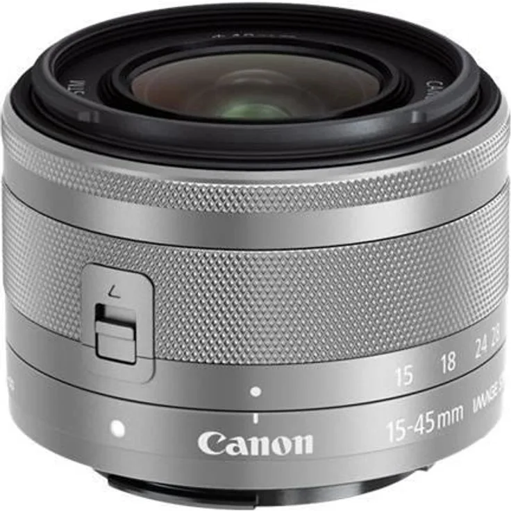 Canon Zoomobjektiv EF-M 15-45mm F3.5-6.3 IS STM Weitwinkel für EOS M (49mm Filtergewinde, Bildstabilisator, Autofokus) silber