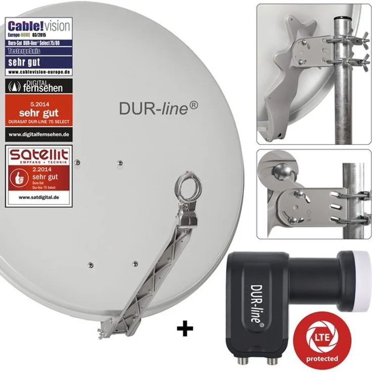 DUR-line 2 Teilnehmer Set - Qualitäts-Alu-Satelliten-Komplettanlage - Select 75/80cm Spiegel/Schüssel Hellgrau + Twin LNB - für 2 Receiver/TV [Neuste Technik, DVB-S2, 4K, 3D] – Bild 1