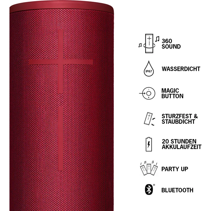 Ultimate Ears Megaboom 3 Tragbarer Bluetooth-Lautsprecher, 360° Sound, Satter Bass, Wasserdicht, Staubresistent & Sturzfest, One-Touch-Musiksteuerung, 20-Stunden Akkulaufzeit - Sunset Red-rot – Bild 11