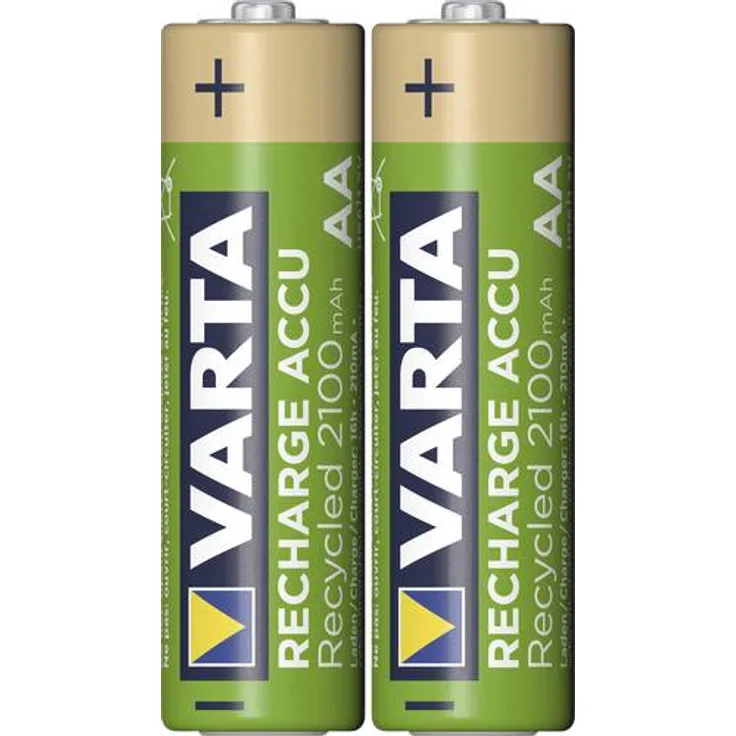 Varta Recharge Accu Recycled (wiederaufladbar, Ready-To-Use vorgeladener AA Migmpm Ni-MH Akku (2er Pack, 2100mAh), aus 11% recyceltem Material, ohne Memory Effekt)