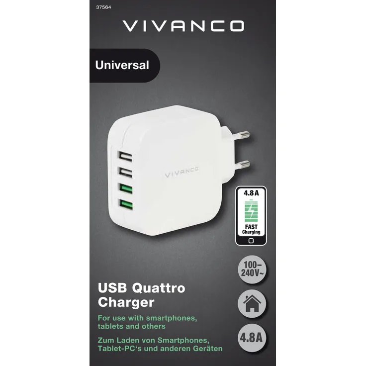 VIVANCO 4.8A USB 4FACH REISELADER, weiß 37564 4.8A USB 4FACH REISELADER, weiß