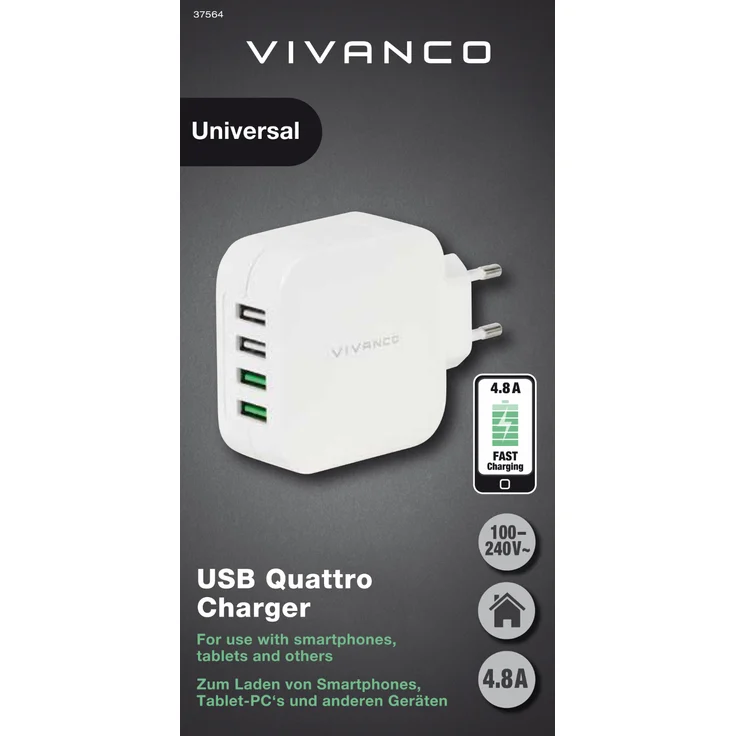 VIVANCO 4.8A USB 4FACH REISELADER, weiß 37564 4.8A USB 4FACH REISELADER, weiß