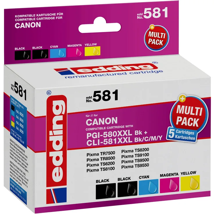 Edding Tintenpatrone ersetzt Canon PGI-580PGBKXL CLI-581XL Kompatibel Kombi-Pack Schwarz, Schwarz, Cyan, Magenta, Gelb EDD-581