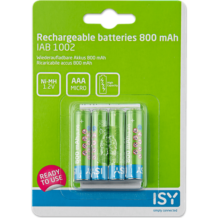 ISY IAB-1002 AAA Wiederaufladbare Batterien, 1.2 Volt, 800 mAh je Batterie 4 Stück