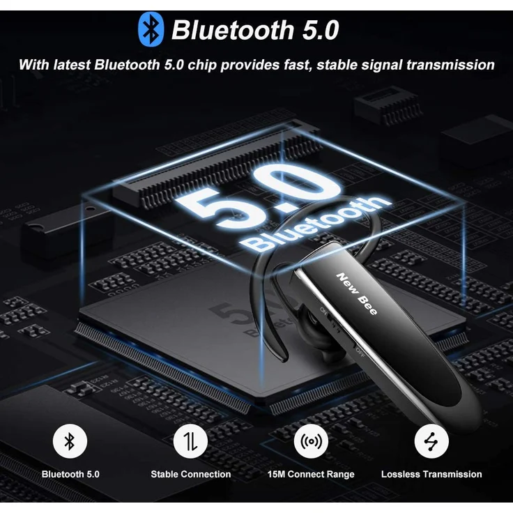 NEW BEE Wireless Freisprech Telefon, Bluetooth-Headset mit Mikrofon, geeignet für Apple iPhone/Samsung/Huawei, 60 Tage Standby, monoaural, schwarz – Bild 5