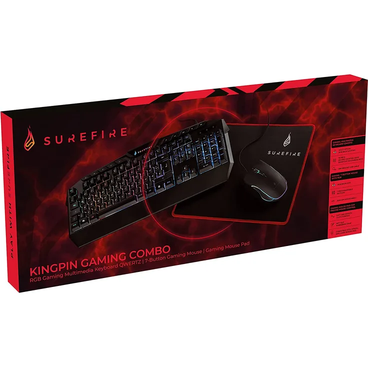 SureFire Kingpin Gaming Combo Set - Inklusive QWERTZ RGB Multimedia Gaming Tastatur, 7 Tasten RGB Gaming Maus und Mauspad, Schwarz (48826)