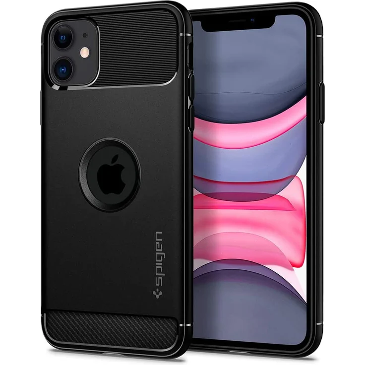 Spigen Rugged Armor Hülle, geeignet für Apple iPhone 11, robuste TPU Silikon Schutzhülle, stylisch, Karbon Handyhülle Case, Matte Black, Handy-Schutzhülle, schwarz (076CS27183) – Bild 1