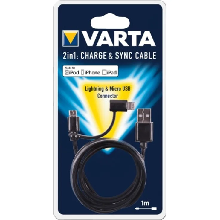 Varta 2in1 Lade und Datenkabel mit Micro USB und Lightning Adapter (geeignet für Apple Lightning Geräte)