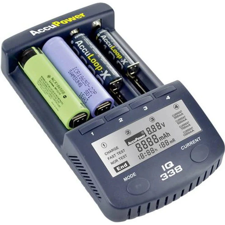AccuPower Rundzellen-Ladegerät NiCd, NiMH, LiIon IQ338 10440, 14500, 16340, 17355, 17500, 17670, 18490, 18500, 18650, 22650 – Bild 1