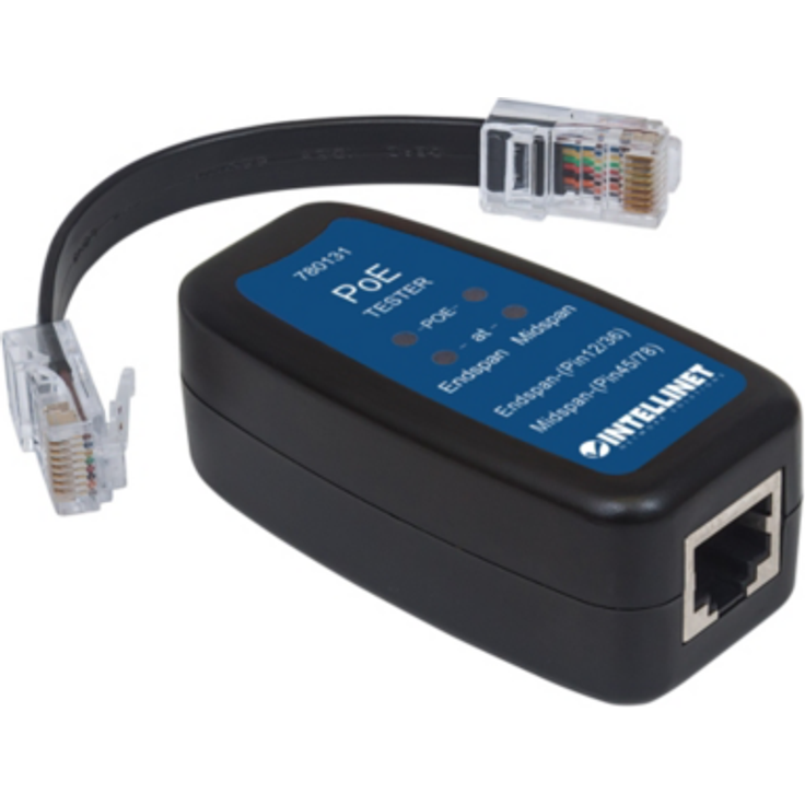 Intellinet 780131 PoE+ Kabeltester Erkennt Endspan Midspan IEEE802.3af und IEEE802.3at schwarz