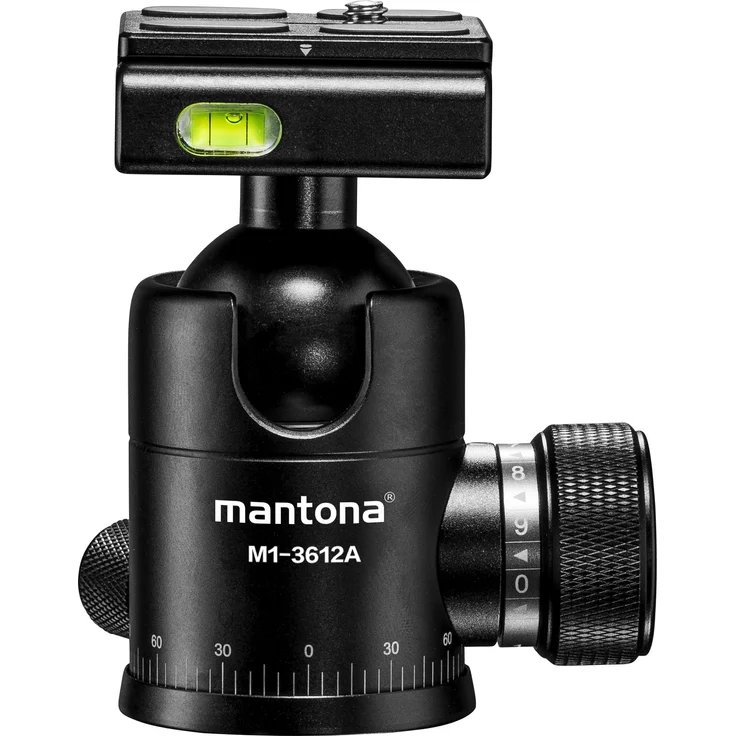 Mantona Onyx 12 Kugelkopf (M1-3612A) Arca-Swiss kompatible Schnellwechselplatte 50 mm, professionelle Verarbeitung für DSLR, spiegellose Kamera, Systemkamera, Digitalkamera, Camcorder schwarz