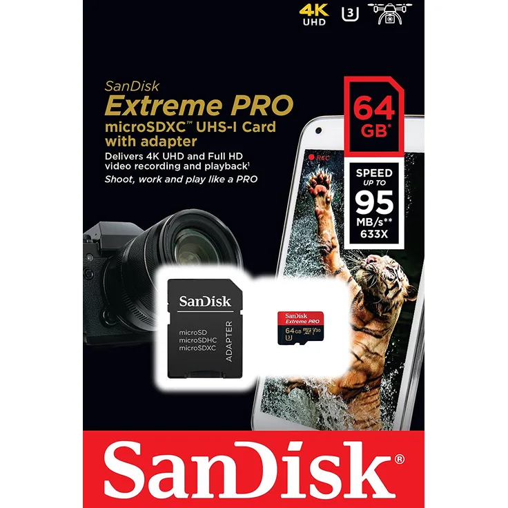 SanDisk Extreme PRO 64GB microSDXC Speicherkarte + SD-Adapter bis zu 95MB-Sek, Class 10, U3, V30
