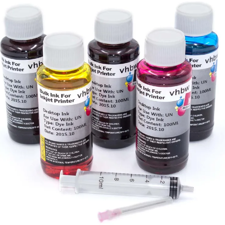 vhbw Nachfülltinte Set DYE 2x Schwarz, je 1x Cyan, Magenta, Yellow passend für HP, Epson, Canon, Brother, Dell, Samsung, Lexmark, Olivetti, Ricoh.