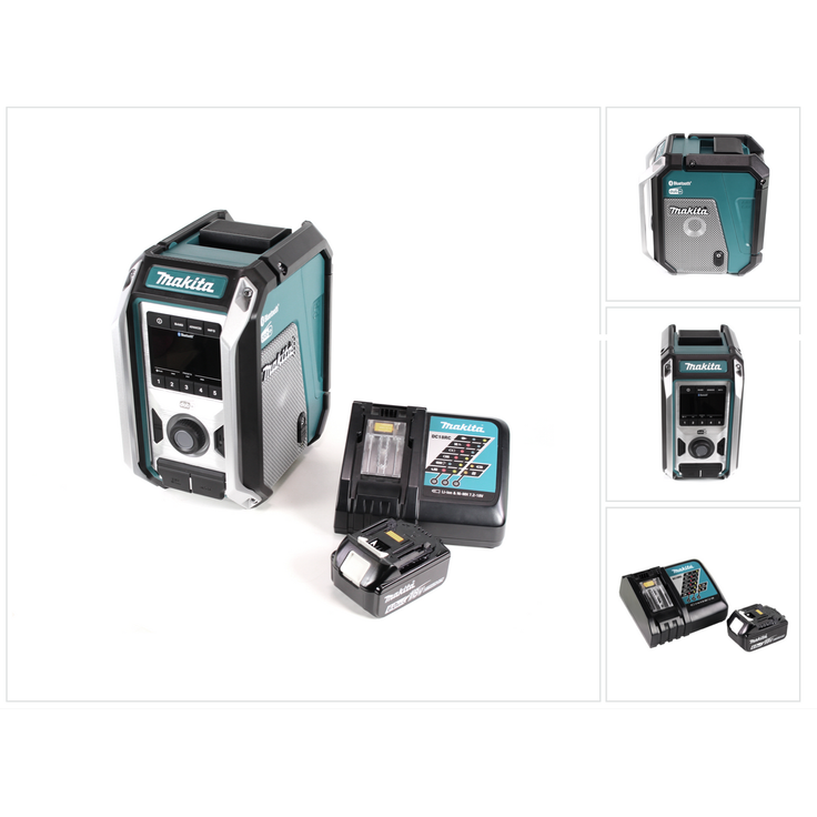 Makita DMR 115 RG1 Akku Baustellenradio 12V - 18V Bluetooth DAB+ IP65- + 1x Akku 6,0 Ah + Ladegerät schwarz, blau, silber