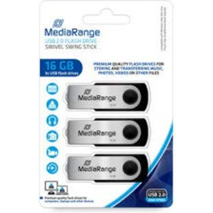 MediaRange MR910-3 Pack 3 x 16 GB USB 2.0 Kapazität, Schwarz, Silber, USB-Stick (16 GB, USB 2.0, USB Typ A Stecker, 10 MB-s, drehbar, Schwarz, Silber)