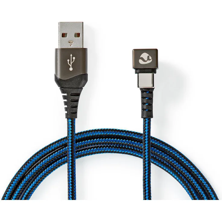 Nedis USB-Kabel, USB, USB-A Stecker, USB-Typ-C Stecker, Vergoldet, 2.00 m, rund, Geflochten - Nylon, Schwarz-Blau, Verpackung mit Sichtfenster