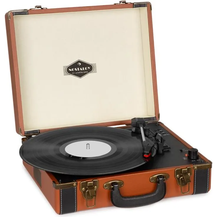 auna Jerry Lee BT - Plattenspieler, Schallplattenspieler, Riemenantrieb, Stereo-Lautsprecher, Bluetooth, Aufnahme-, & Wiedergabe, USB, AUX, 33, 45, 78 U min. 3 Plattengrößen, braun