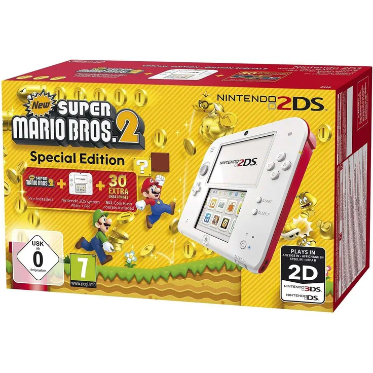 Nintendo 2DS Weiß-Rot 256MB & 4GB Speicherkarte Bundle inkl. New Super Mario Bros. 2