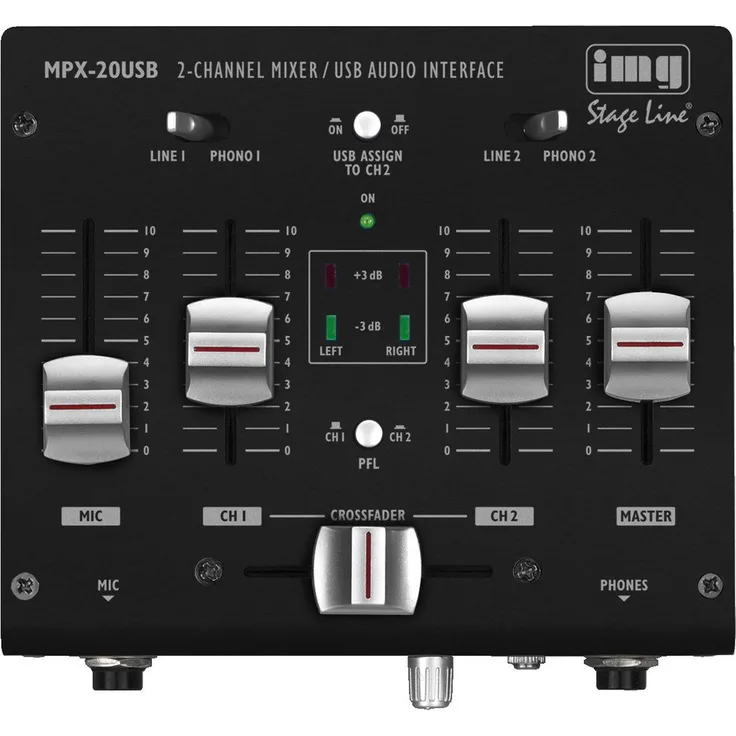IMG STAGELINE MPX-20USB 3-Kanal-Stereo-DJ-Mischpult mit USB-Schnittstelle, Audio-Console mit USB-Audio-Interface, Mixing-Console mit stabilem und kompaktem Metallgehäuse, in Schwarz