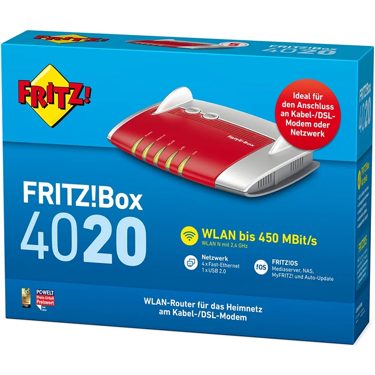 AVM FRITZ!Box 4020 WLAN-Router (für den Betrieb an einem Modem am Kabel--DSL--Glasfaser-Anschluss, WLAN N, 450 MBit-s (2,4 GHz) 4 x Fast-Ethernet, Mediaserver, deutschsprachige Version) rot-weiß – Bild 4