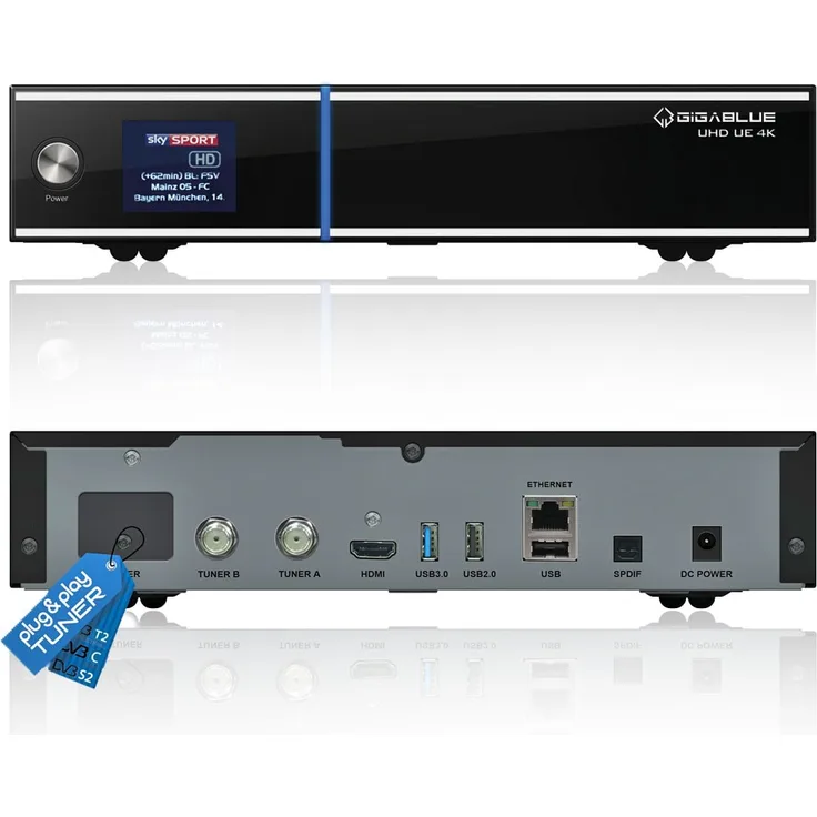 GigaBlue UHD UE 4K Box SAT-Receiver 2xDVB-S2 HDMI EPG WLAN Aufnahmefunktion, 2 TB Festplatte schwarz