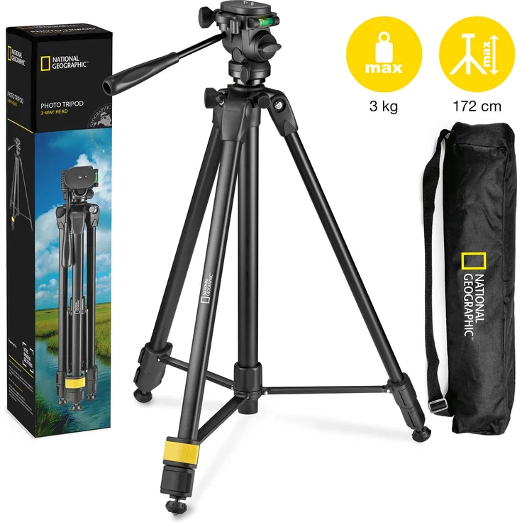 National Geographic Phototripod Kit mit Tragetasche, 3-Wege-Kopf, Schnellspanner, 4-teilige Beine, Hebelverschlüsse, mittelhohe Spreader, Last bis 1 kg, Aluminium, für Canon, Nikon, Sony, NGHPMIDI