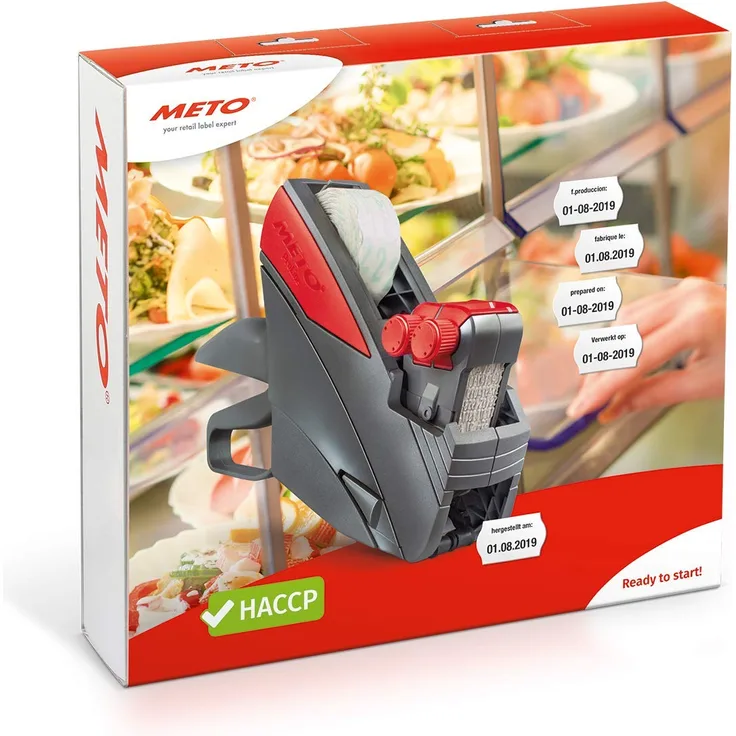 Meto HACCP Kit, Profi Handauszeichner Lebensmittel-Food 30004658 (2-zeilig, 20-stellig für 26 x 16 mm Etiketten, sofort einsatzbereit) 1 Preisauszeichner Set, grau-rot