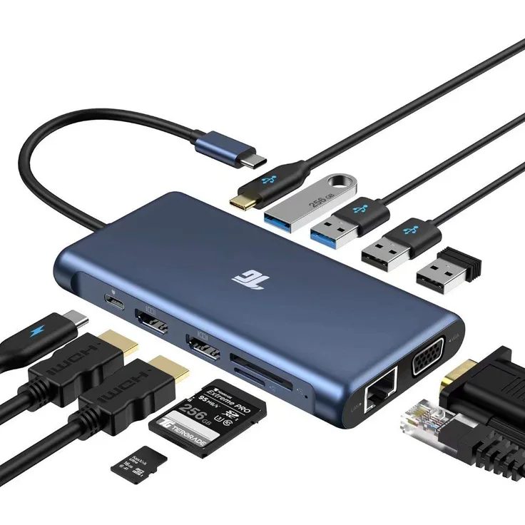 USB C Hub, USB C Adapter, Tiergrade 12 in 1 Triple Display Adapter mit Dual 4K HDMI, VGA, 100W Pd 3.0, RJ45 Ethernet, USB-A USB-C Ports, Tf/SD Kartenleser für MacBook und Typ C Laptops