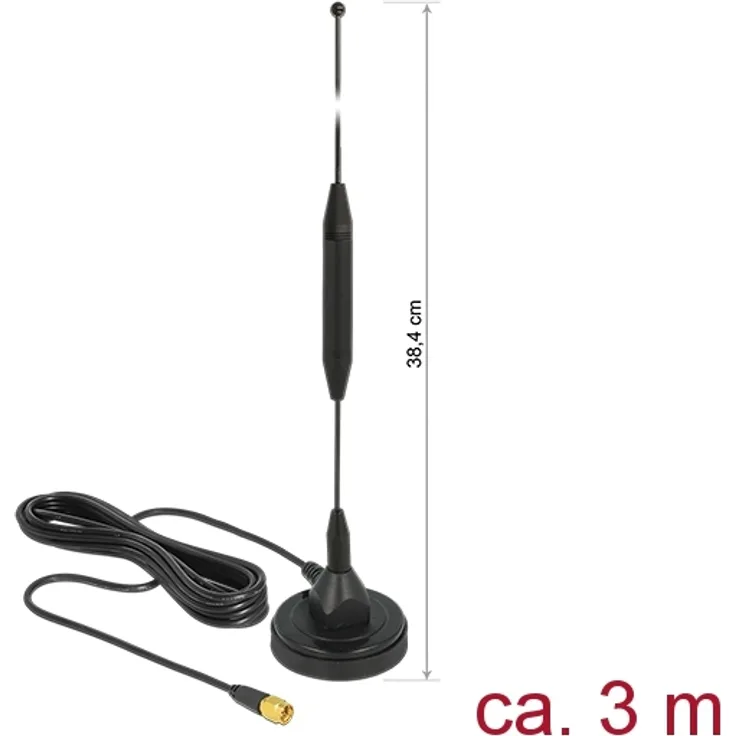 GSM Antenne SMA Stecker 3,5 dBi starr omnidirektional mit magnetischem Standfuß und Anschlusskabel (RG-174, 3 m) outdoor schwarz