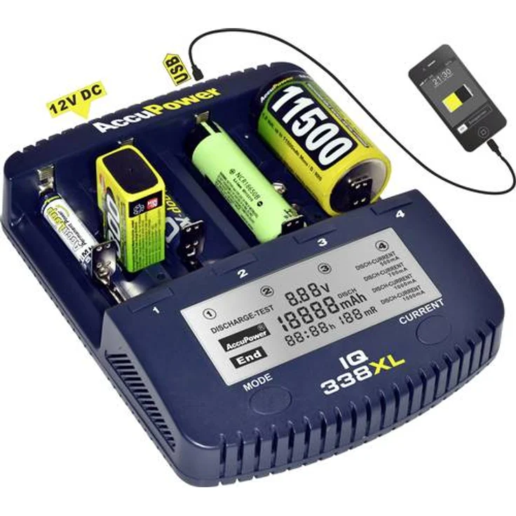 AccuPower Rundzellen-Ladegerät NiCd, NiMH, LiIon IQ338XL 10440, 14500, 16340, 16650, 17355, 17500, 17670, 18490, 18500, 18650 – Bild 1