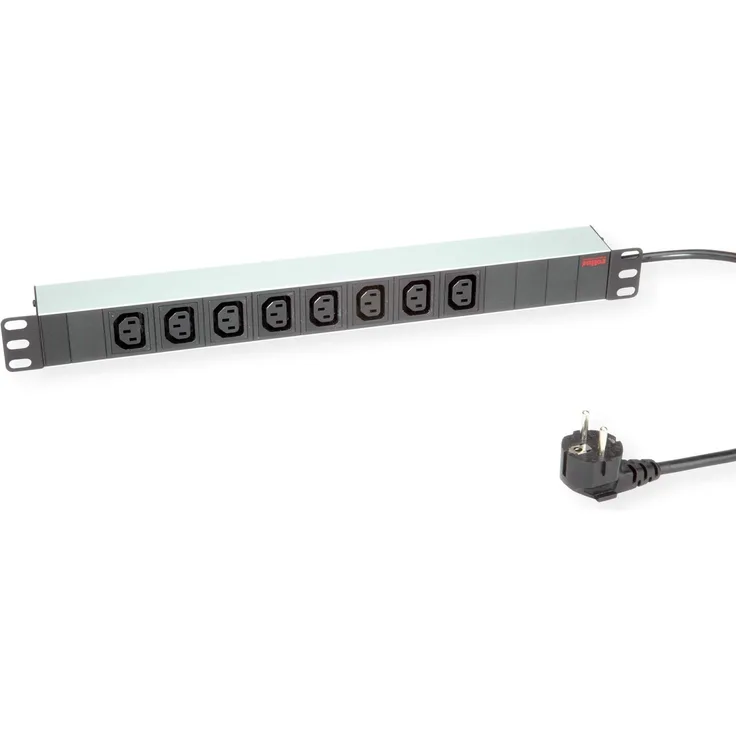 ROLINE 19''-Steckdosenleiste 8fach C13 + Schutzkontakt-Stecker | 19'' Rackmount | Kaltgeräte Steckerleiste | Aluminium | 2,0 m
