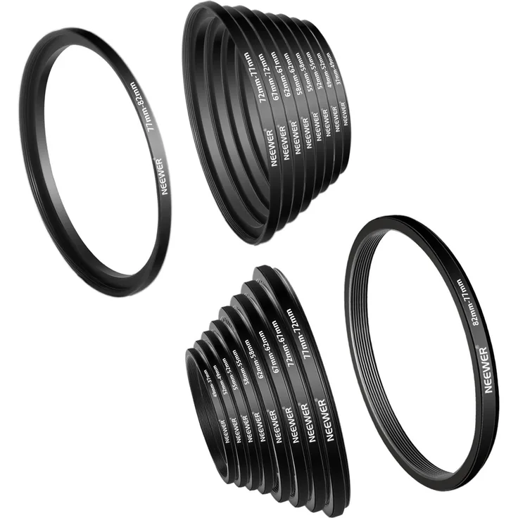 Neewer 18 Stück metallische Kamera Objektiv Filter Ring Adapter Kit - 9 Stück Step-Up-Ring Set und 9 Stück Step-Down-Ring Set für Canon Nikon Sony Olympus DSLR Kamera, Schwarz