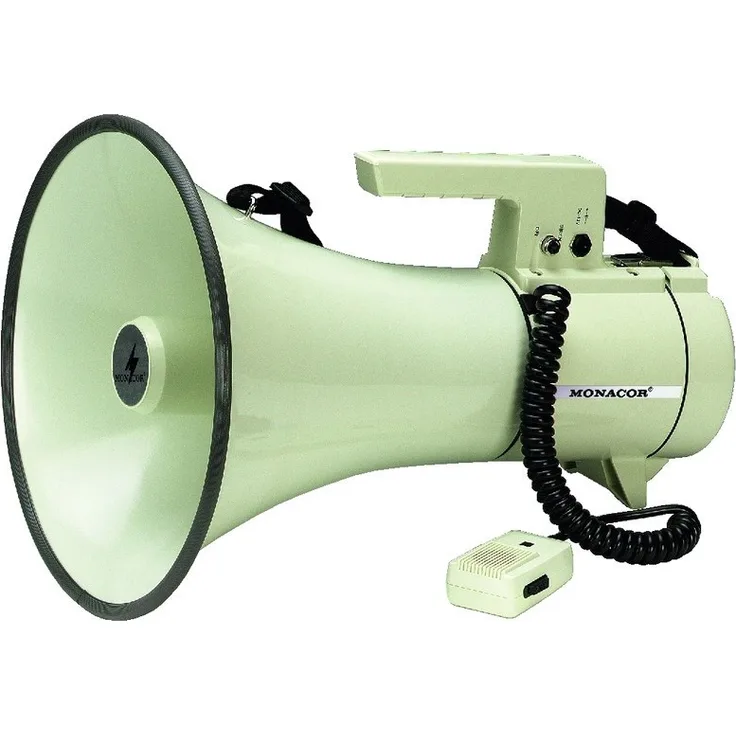 MONACOR TM-35 Megafon mit Hand-Mikrofon und schaltbarer Sirene, 35 Watt Megaphon mit Sprech-Feststelltaste, Schultergurt, Kfz-Anschlusskabel und Tragegriff, in Beige