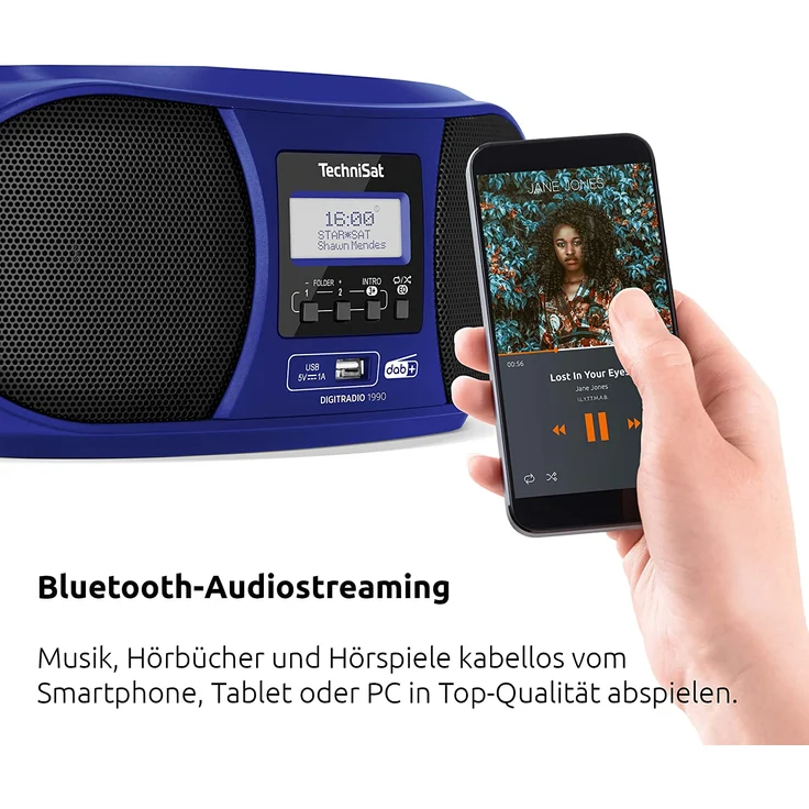 TechniSat DIGITRADIO 1990 - Stereo-Boombox mit DAB+/UKW-Radio und CD-Player (Bluetooth-Audiostreaming, Kopfhöreranschluss, USB, AUX in, Ladefunktion, Uhr, 2 x 1,5 Watt Ausgangsleistung) blau – Bild 5