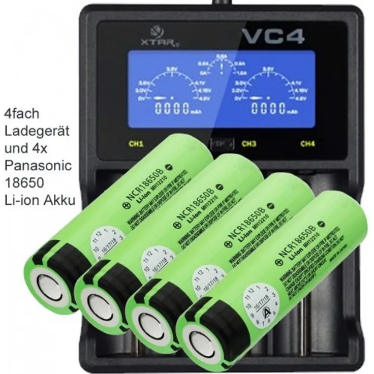 4x Panasonic 18650 Li-Ion Akku und 4fach Li-Ion Schnell-Ladegerät