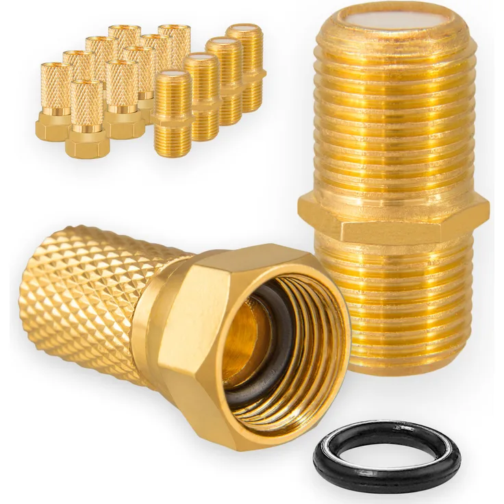 SET Vergoldet (10 x F-Stecker mit Gummidichtung + 5 x F-Verbinder Schmalle Mutter)