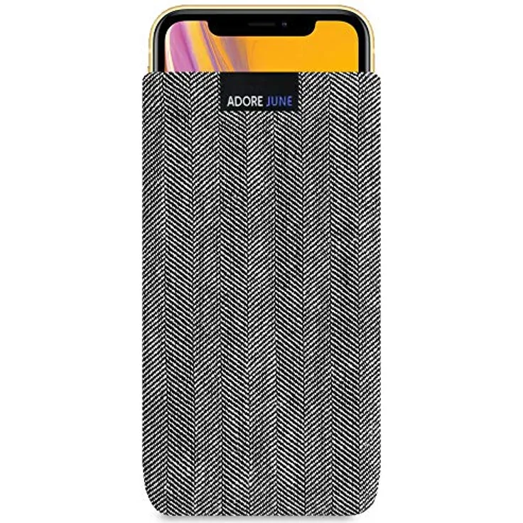 Adore June Business Tasche für Apple iPhone XR Handytasche aus charakteristischem Fischgrat Stoff - Grau-Schwarz | Schutztasche Zubehör mit Display Reinigungs-Effekt | Made in Europe