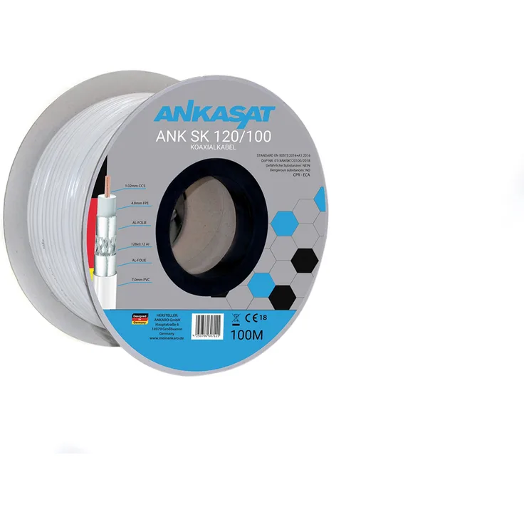 Ankasat SK 120dB - 100m CPR - 120 dB Koaxial Sat Kabel 3-Fach geschirmt 100 Meter Stahl-Kupfer Innenleiter- mit Meterbedruckung-Antennenkabel für DVB-S-S2, DVB-C, DVB-T-T2